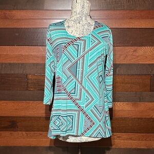 No Brand Tag Teal Geometric Patterned Tunic Top